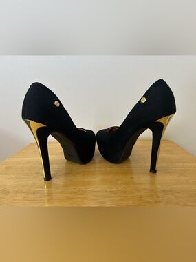 Vizzano Meia Pata Womens Black Gold Suede Platform Stiletto Shoes US Size 4